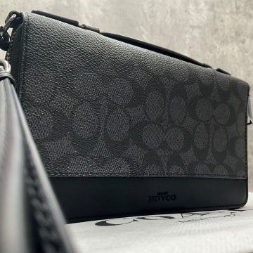 未使用保管品●COACH コーチ ダブル ジップ トラベル オーガナイザー シグネチャーキャンバス 長財布ラウンドファスナー レザー黒ブラック