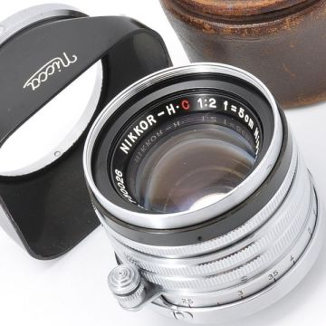 NIKKOR-H・C 5cm F2 ニッコール Ｈ・Ｃ 5/2 黒帯 フード 革ケース Lマウント L39 日本光学 Nippon Kogaku Nikon ニコン NIKKOR レンズ