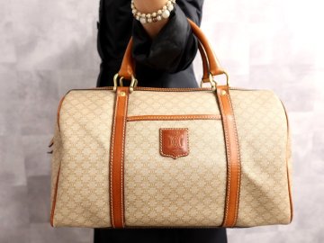 超美品●CELINE オールド セリーヌ●マカダム●ロゴ型押し●PVC カーフ レザー 本革●ボストン バッグ●ベージュ ブラウン●G金具●Js65757