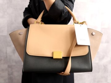 ●超美品●CELINE セリーヌ●トラペーズ●カーフ レザー 本革●2way ハンド バッグ●アプリコットベージュ ダークグレー●G金具●Js65802
