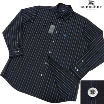 バーバリーロンドン ストライプ総柄 ホース刺繍 LLサイズ 黒系 長袖シャツ 日本製 BURBERRY LONDON
