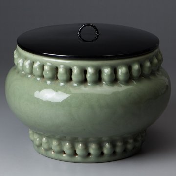 【五】青磁太鼓胴水指 江戸時代 漆蓋付 箱付