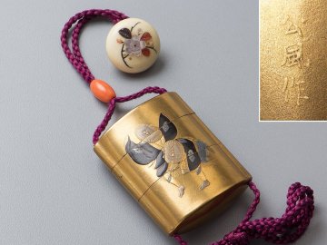 【五】蒔絵師 公風 作 木製金漆 奴蒔絵豆印籠 芝山細工饅頭根付 珊瑚緒締玉 箱付