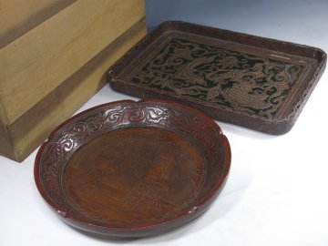 時代木製漆塗細密彫丸盆 長方盆 2点まとめて 29cm/36cm 煎茶盆 飾盆 漆器 漆芸 角盆 古民具 時代箱付 盆箱 煎茶道具 466