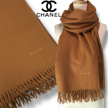 210☆Vintage 希少 CHANEL シャネル カシミヤ ロゴ刺繍 ロングストール 大判 ショール マフラー cashmere100% キャメル フリンジ 正規品