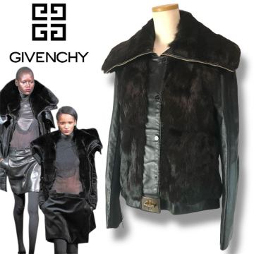 j3 定価35万 Vintage GIVENCHY ジバンシー ラビットファー ラムレザー ジャケット ジップアップ ライダース 42 フランス製 正規品 アウター