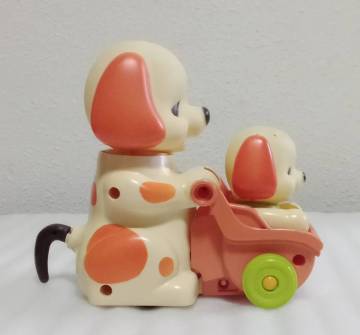 ★旧家からの初だし オレンジのベビーカート　犬の親子 MADE IN JAPAN 昭和40~50年頃の玩具(箱付き)　★　車　ネジ　ゼンマイ　