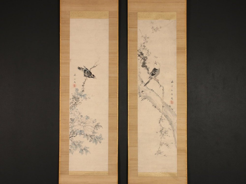 【模写】【伝来】sh8628〈玄珠永昮〉双幅 花鳥図 中国画