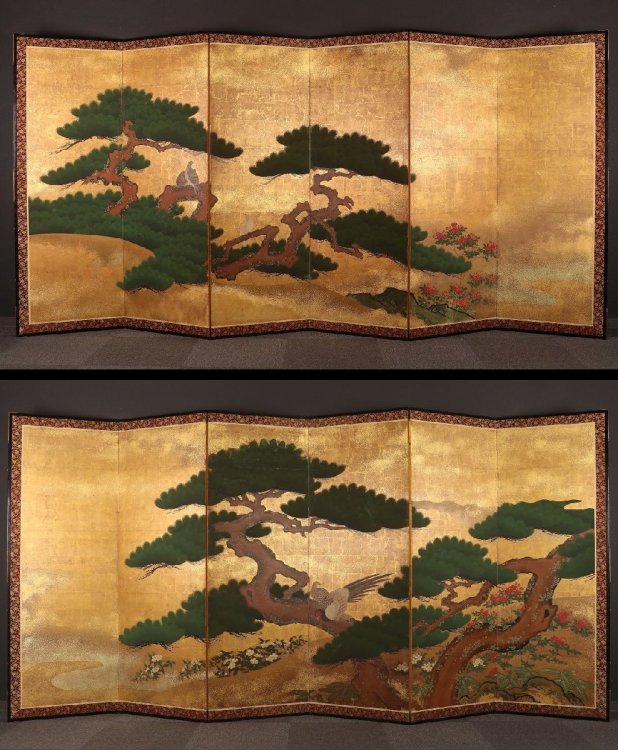 【伝来】cj5577 一双 金地雉鳩松図屏風 江戸?時代?中期