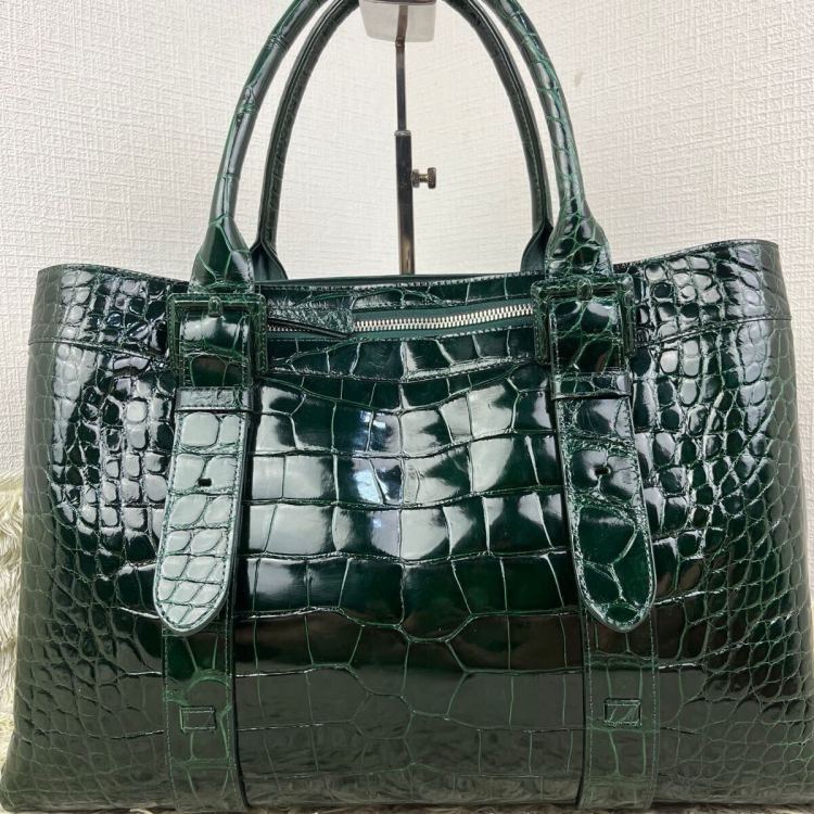 【極上品】 定価126万 GRES グレ ハンドバッグ トートバッグ クロコダイル ポロサス JRA認定 レザー シャイニング グリーン 深緑 ワニ革 