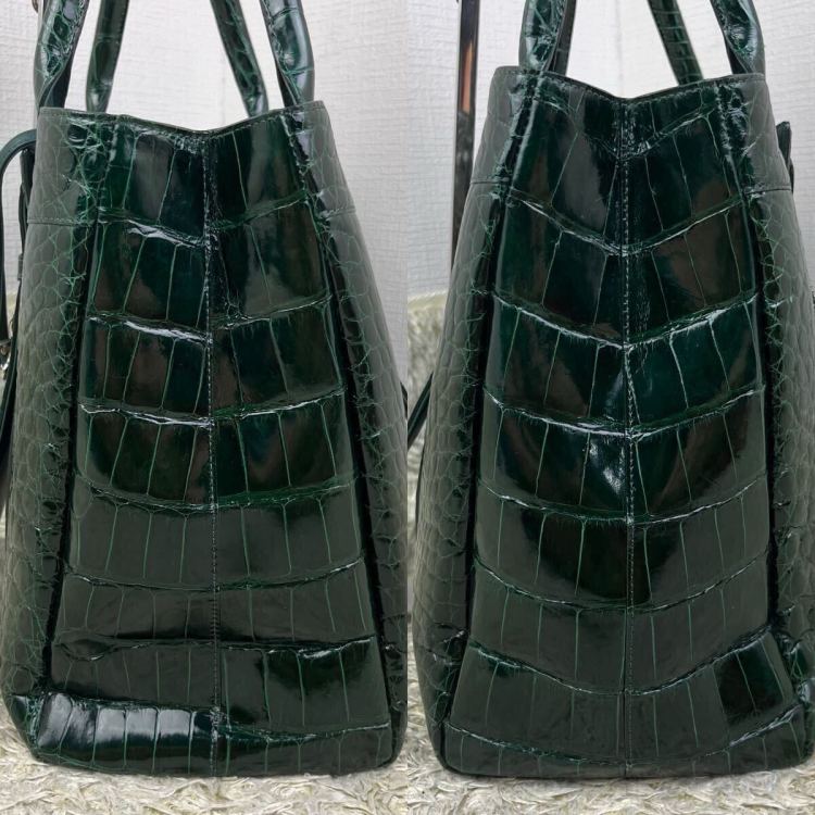 【極上品】 定価126万 GRES グレ ハンドバッグ トートバッグ クロコダイル ポロサス JRA認定 レザー シャイニング グリーン 深緑 ワニ革 