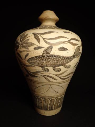 S-045　中国古玩　宋 磁州窯　双魚瓶　唐物 時代物　鉄絵　梅瓶　壷