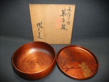 【睦】『真作』文嶺下絵 能「邯鄲の夢ハ粟飯 五十年（八十翁 文嶺)」大正６年 菓子器 平安 揚光堂 本漆器 時代物 茶道具 骨董 共箱■