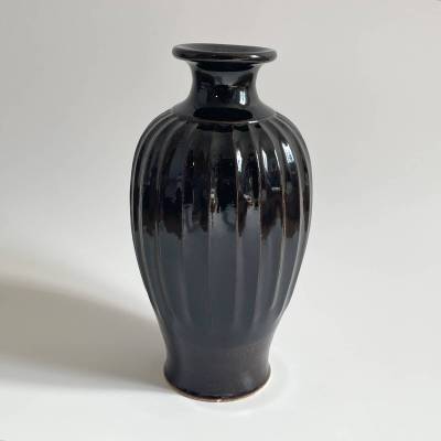 黒釉堆線文瓶 彷古 作家物 飴釉 検）中国美術 磁州窯 松岡美術館