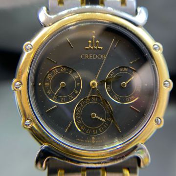 SEIKO CREDOR セイコー クレドール 腕時計　7F87-6000 デイデイト 18KTベゼル クォーツ メンズ腕時計 稼働品 ブラック×ゴールド　 QZ