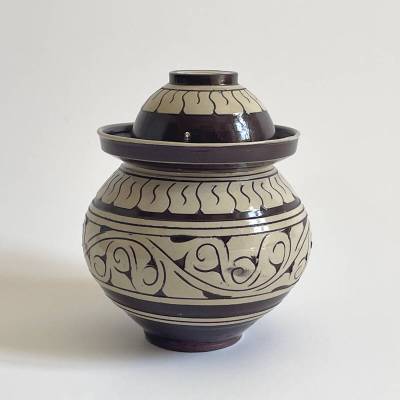 掻き落し ふたもの 蓋物 漬物壺 キムチ壺 民藝 掻落 検）中国美術 朝鮮美術 磁州窯