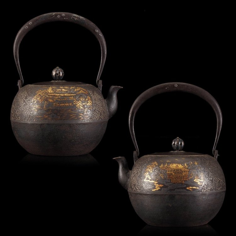 【夢工房】時代? 金銀総象嵌 京名所図 日ノ丸形 鉄瓶　HE-019