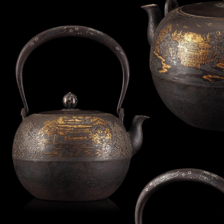 【夢工房】時代? 金銀総象嵌 京名所図 日ノ丸形 鉄瓶　HE-019