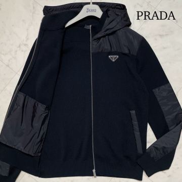 極美品/XXL★ PRADA プラダ 2022年モデル ナイロン切替 ニット ジャケット パーカー フード ブルゾン 大きいサイズ52 三角ロゴ ブラック 黒