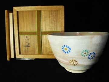 【睦】六代 清水六兵衛 染付 菊文 茶碗 京焼 清水焼 茶道具 抹茶茶碗 共箱■