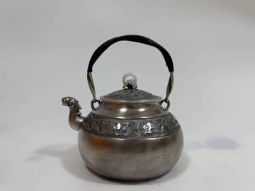 時代 純銀製 蔵六居造 饕餮紋 玉摘 獣口湯沸 工芸品 古美術品 銀瓶 煎茶道具 