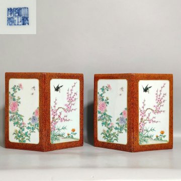 ■観心・時代旧蔵■W3224清時代 乾隆年製 粉彩木紋釉菱形花鳥筆立一対・古陶磁器 ・珍品旧蔵・古賞物・時代物