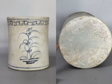 ■観心・時代旧蔵■M05872朝鮮古陶 朝鮮古美術 高麗磁 古高麗 李朝 高麗白磁花卉紋筆立 李朝18世紀