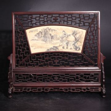 時代　骨製　風景図　彫刻　紫檀　硯　　/　中国美術　風　衝立　文房具　煎茶飾　.G1887