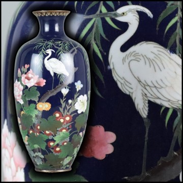 時代物 銅製 茄子紺地 有線七宝 白鷺 花鳥図 花瓶 / 伝統工芸 花器 七宝 七宝細工 尾張七宝 時代物 骨董品 古美術品 / 高さ37cm