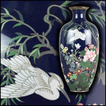 時代物 銅製 茄子紺地 有線七宝 白鷺 花鳥図 花瓶 / 伝統工芸 花器 七宝 七宝細工 尾張七宝 時代物 骨董品 古美術品 / 高さ37,2cm