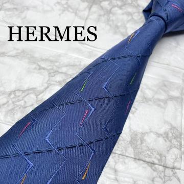 未使用級　 HERMES エルメス　ネクタイ　ストライプ　マルチカラー　スーツ　シャツ　カフス　ビジネスバッグ　刺繍　ネイビー　ブルー