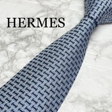未使用級　HERMES エルメス　ネクタイ　H織　ファソネ　ブルー　ソリッド　スーツ　シャツ　カフス　ビジネスバッグ　タイピン