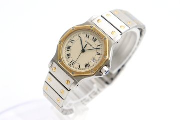 【行董】CARTIER カルティエ サントスオクタゴン LM YGコンビ イエローゴールド ステンレス クォーツ デイト ブランド腕時計 AG000ABZ54