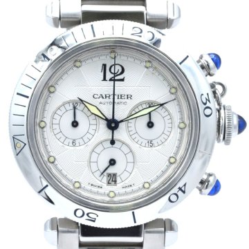 1円～稼働品 CARTIER カルティエ パシャ38mm　クロノグラフ Ｗ31030H3　AT　SS　ホワイト文字盤　メンズ腕時計　保証書付き