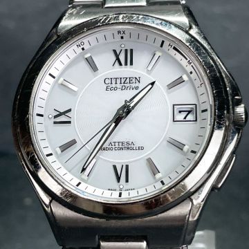 美品 CITIZEN シチズン ATTESA アテッサ H110-T011331 腕時計 アナログ 電波ソーラー 3針 カレンダー ホワイト文字盤 動作確認済み