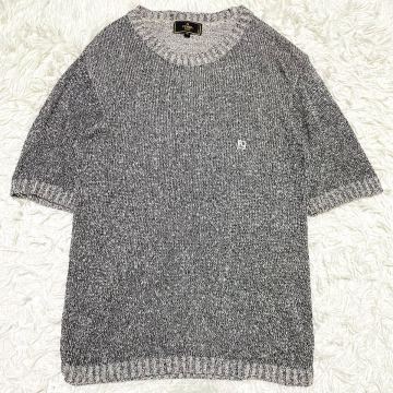 フェンディ【極上サマーニット】FENDI 半袖ニット セーター グレー系 シルバー ロゴ刺繍 ローゲージニット Lサイズ相当 イタリア製 46