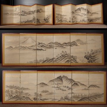 【模写】委託HK◇時代 富士山・筑波山図小屏風 六曲一双（日本画 水墨画 金箔 山水画 近世日本画 古画 金屏風 障屏画 料亭 応接）