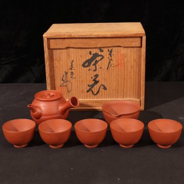 【珍品堂】1円から K72-J09 人間国宝 常滑焼 三代山田常山作 名工 茶道具 朱泥 茶器揃い 急須 湯呑み共箱 時代物 古美術 骨董品 アンティー