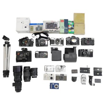 1円スタート カメラ レンズ 付属品 まとめ32点セット キャノン オリンパス ミノルタ 等 デジカメ 写ルンです 三脚 instax mini 動作未確認