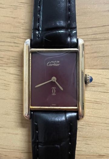 稼働 国際永久保証書付 カルティエ マストタンク 18K GP メンズ LM 手巻き 純正尾錠 ワイン ボルドー ビンテージ アンティーク 腕時計