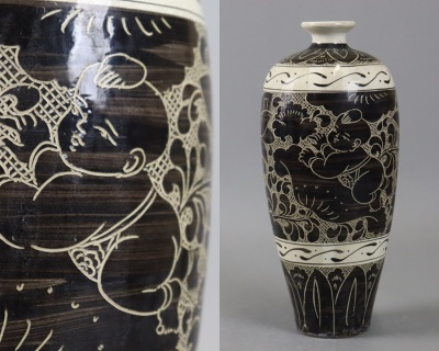 中国古玩 宋代 磁州窯 唐子文 梅瓶 高33,5cm 置物 織田家旧蔵 細密細工 古美術品[d798]