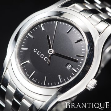 ■1円～■ GUCCI グッチ 5500XL SS QZ 黒 文字盤 ラウンド 純正ブレス 3針 デイト USED ブランド 稼働 メンズ 腕時計 「27098」