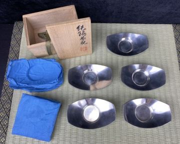 it 五世 蔵六 造 純錫 茶托 舟形茶托 五客揃 平安蔵六 共箱 茶器 茶道具 保管品
