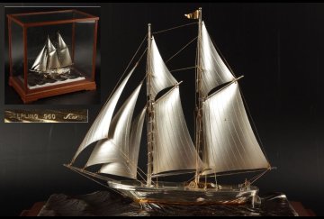 [URA]SEKI/関工芸/STERLING960刻印有/銀製宝船置物/総重量約2450g/10-7-116　(検索)骨董/船/銀船/模型/置物/宝船/銀製品/シルバー/南鐐