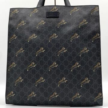 【現行/希少】グッチ GUCCI トートバッグ タイガー GGスプリーム PVC レザー 虎 A4 ロゴ GG柄 ハンドバッグ メンズビジネス ブラック 黒