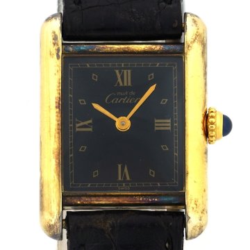 1円スタート 【ジャンク/不動品】Cartier カルティエ マストタンク ヴェルメイユ ブラック文字盤 クォーツ レディース 腕時計(K-I13698)