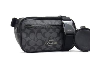 1円 ■新品同様■ COACH コーチ CJ506 シグネチャー エリアス PVC×レザー ボディバッグ ウエストバッグ ウエストポーチ ブラック系 FL6291