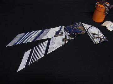 1円 ■極美品■ HERMES エルメス EX-LIBRIS【エクスリブリス】シルク100% ツイリー リボンスカーフ レディース アイボリー系 FL6479