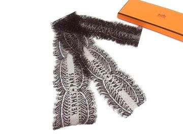 1円 ■極美品■ HERMES エルメス レース ツイリー リボンスカーフ レディース ブラウン系 FL6225