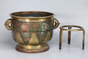 七宝焼 唐銅火鉢　 獸耳 景泰藍花紋 火道具 唐物 中国美術 時代物